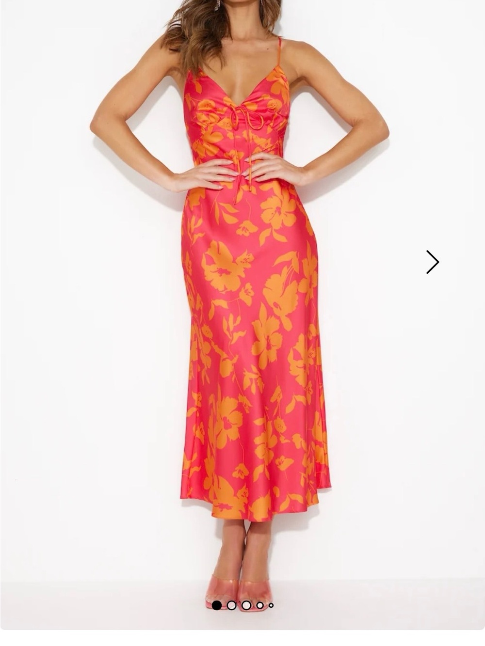 Hello Molly Coral Pink Midi Slip Dress with Orange Floral Print